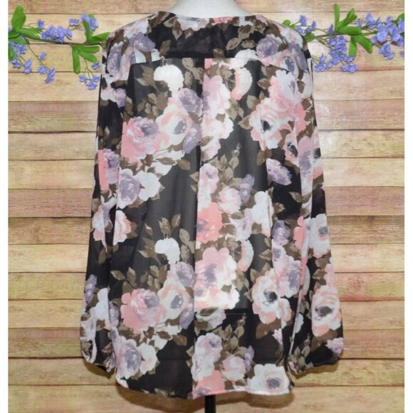 North Style Women's Black Sheer Floral Button Front Pleated Blouse Plus Size 1X - Picture 5 of 8